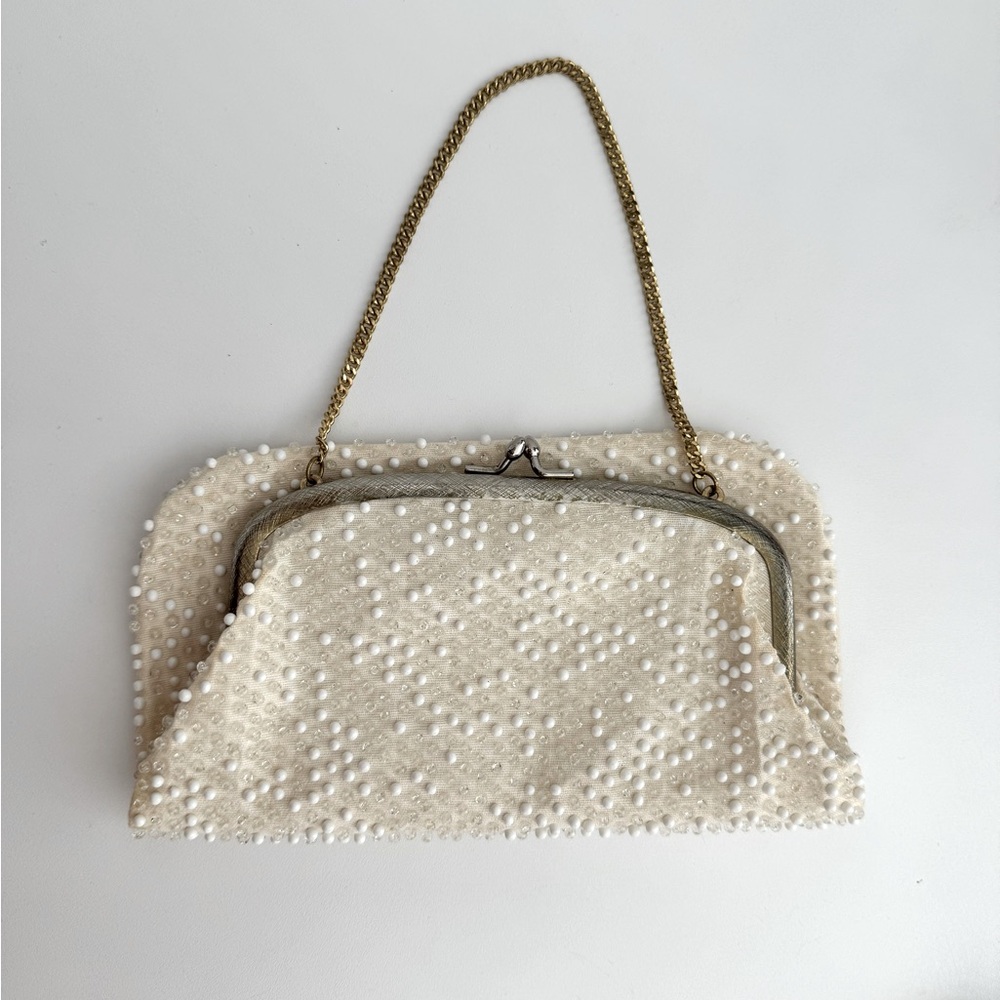 Vintage Beaded Evening Bag Lumured White with Gold Chain